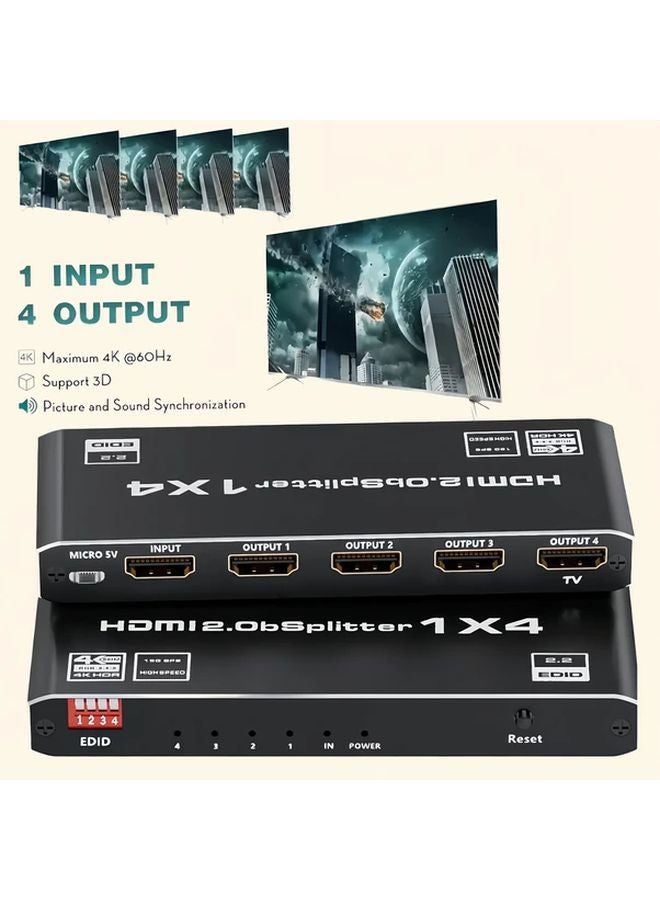 مقسم HDTV رباعي المنافذ باللون الأسود، سعة 18 جيجابت في الثانية، يدعم HDCP 2.2، UHD، 3D، HDR، مع وضع المرآة التلقائي لـ EDID - Image 1